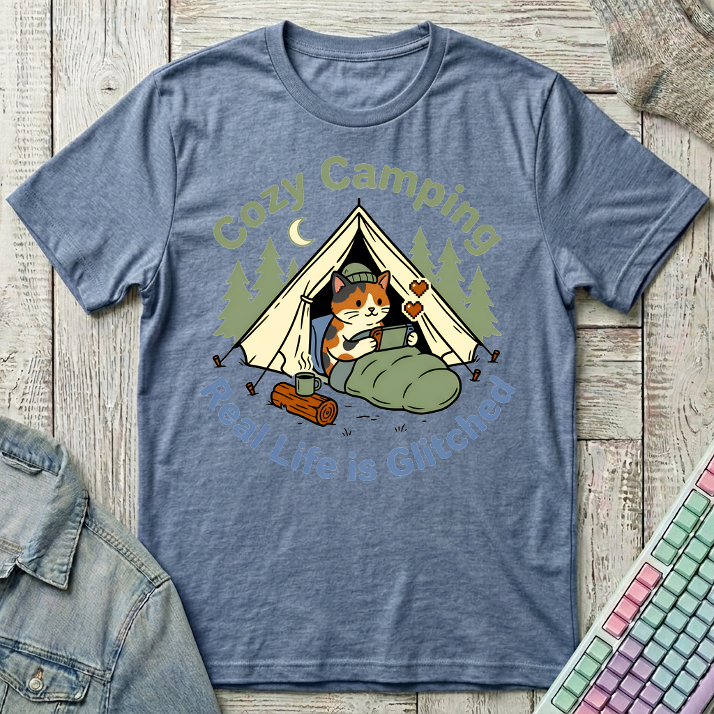 Camping Gamer Cat T-Shirt - Camping Gamer Cat_heather_indigo