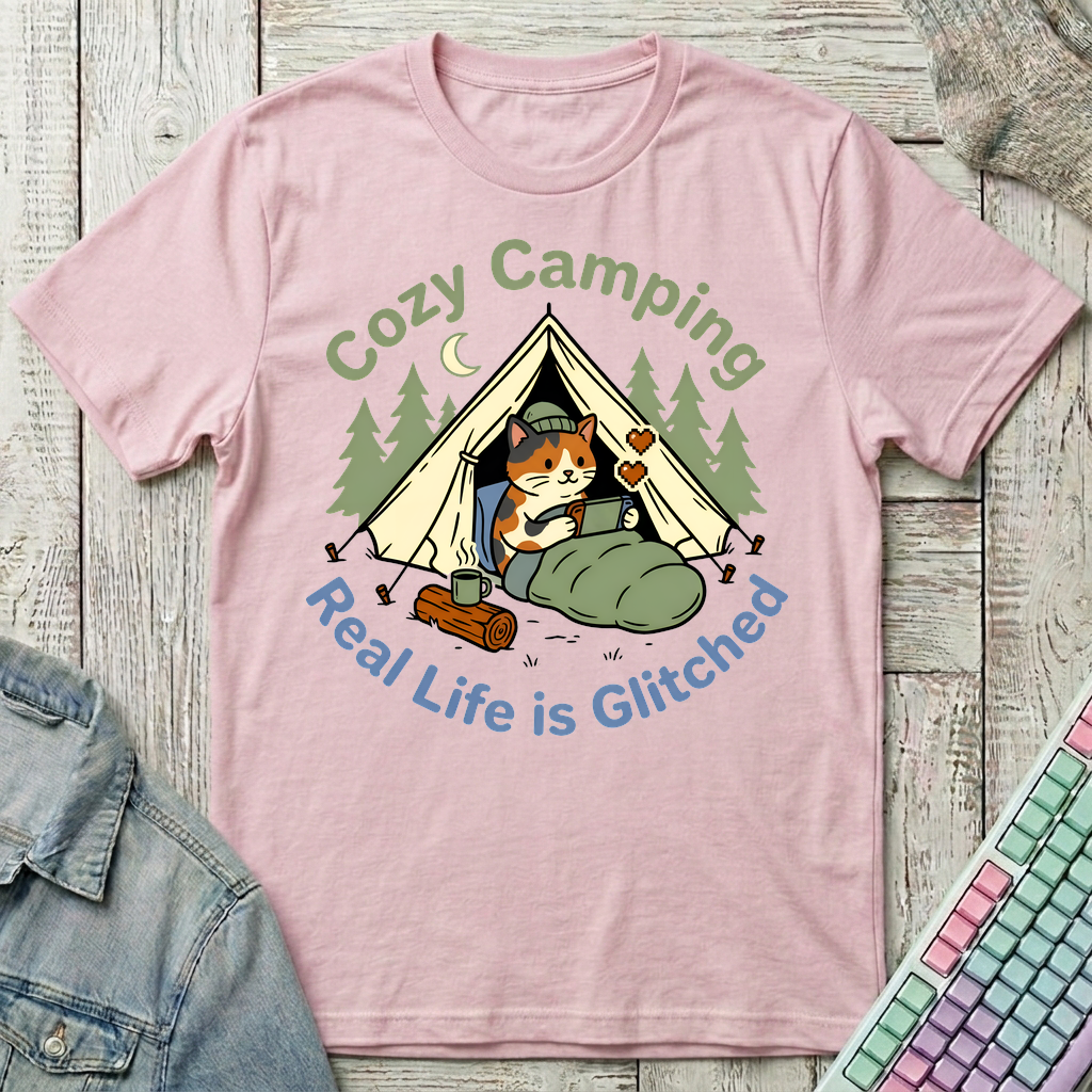Camping Gamer Cat T-Shirt - Camping Gamer Cat_light_pink