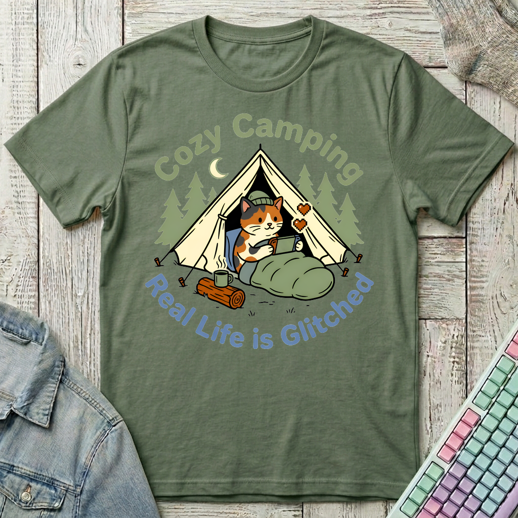 Camping Gamer Cat T-Shirt - Camping Gamer Cat_military_green