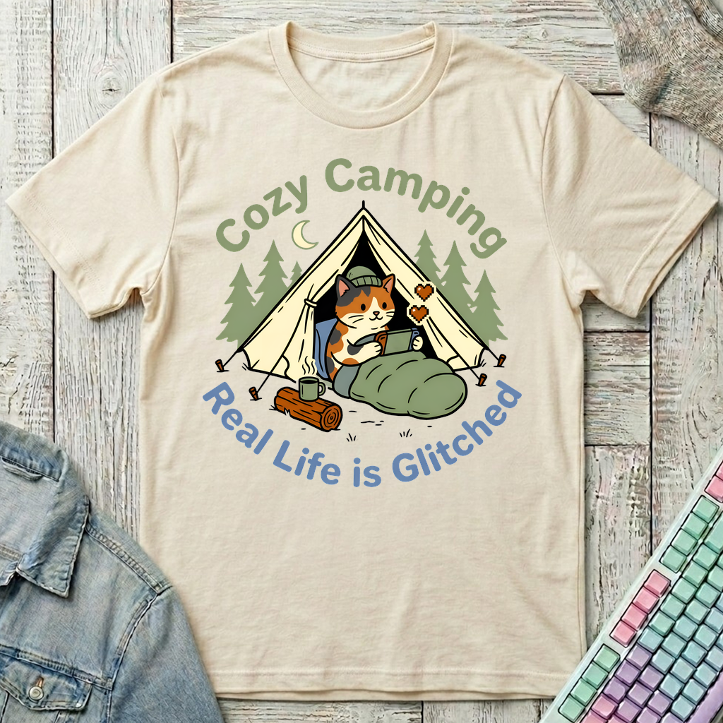 Camping Gamer Cat T-Shirt - Camping Gamer Cat_natural