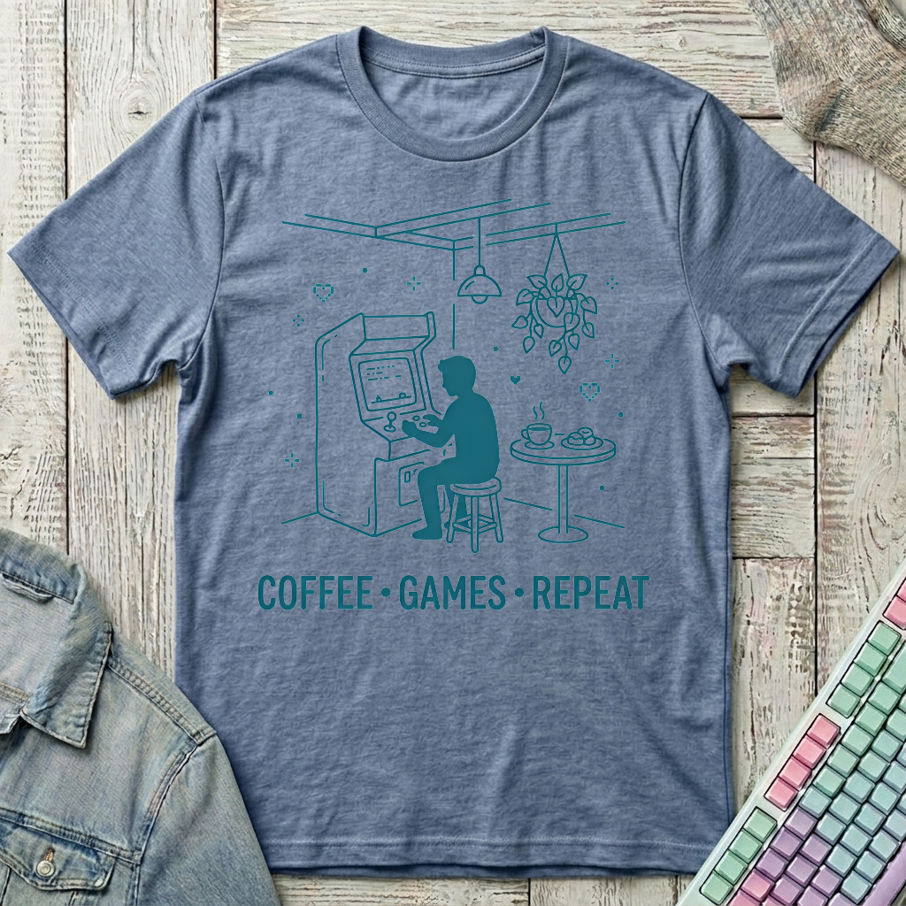 Coffee Games Repeat T-Shirt - Coffee Games Repeat_heather_indigo