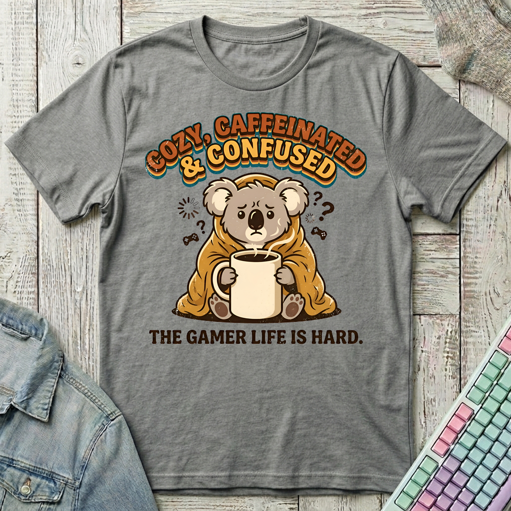 Cozy Caffeinated Confused T-Shirt - Cozy Caffeinated Confused_graphite_heather