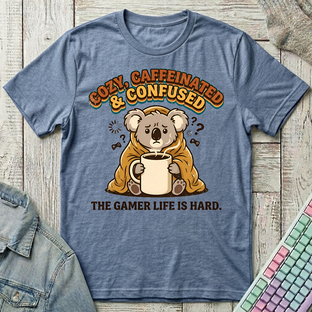 Cozy Caffeinated Confused T-Shirt - Cozy Caffeinated Confused_heather_indigo