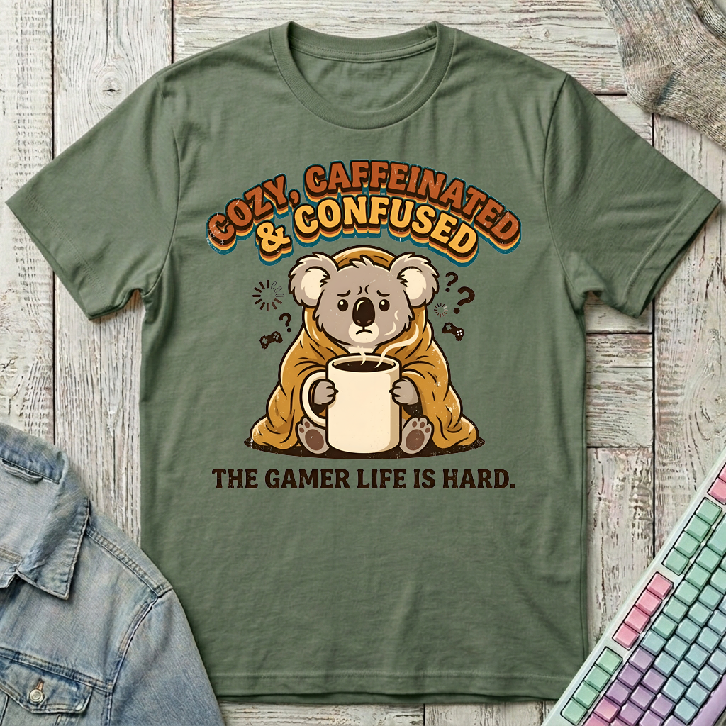 Cozy Caffeinated Confused T-Shirt - Cozy Caffeinated Confused_military_green