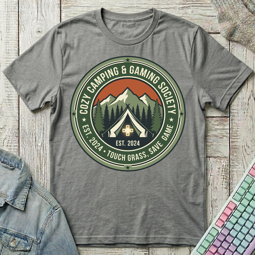 Cozy Camping & Gaming Society T-Shirt - Cozy Camping & Gaming Society_graphite_heather