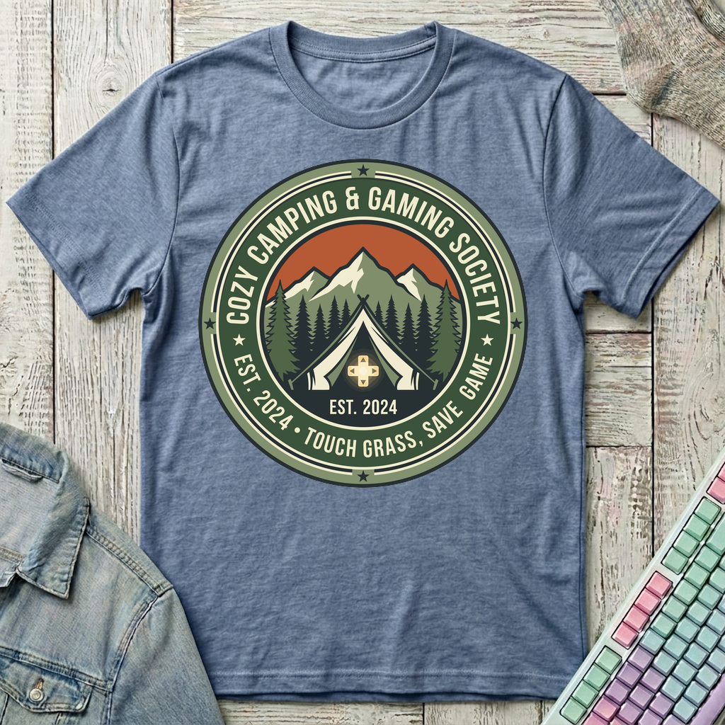 Cozy Camping & Gaming Society T-Shirt - Cozy Camping & Gaming Society_heather_indigo