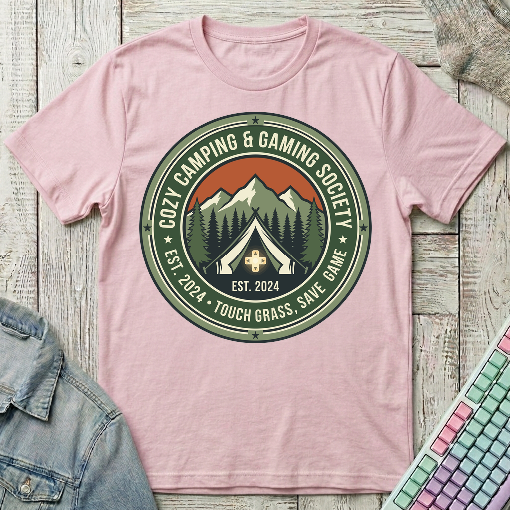 Cozy Camping & Gaming Society T-Shirt - Cozy Camping & Gaming Society_light_pink