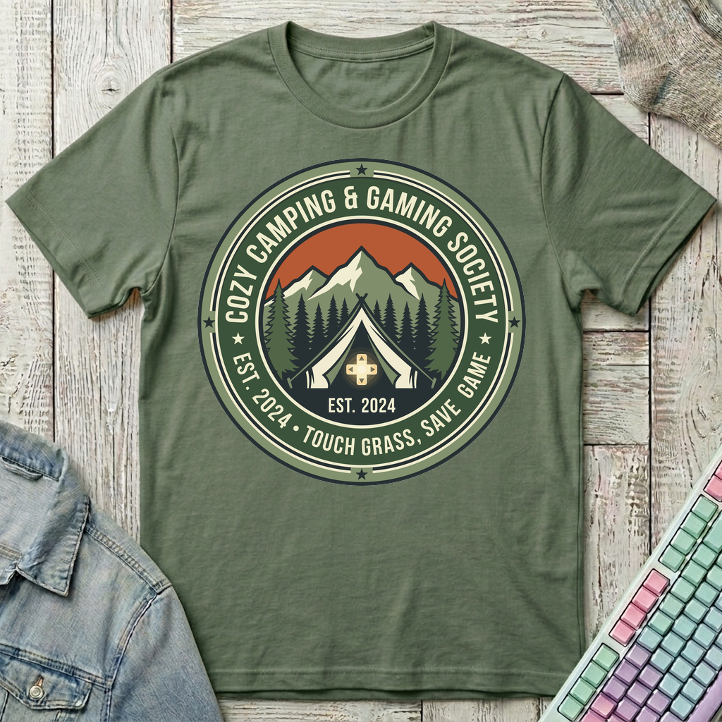 Cozy Camping & Gaming Society T-Shirt - Cozy Camping & Gaming Society_military_green