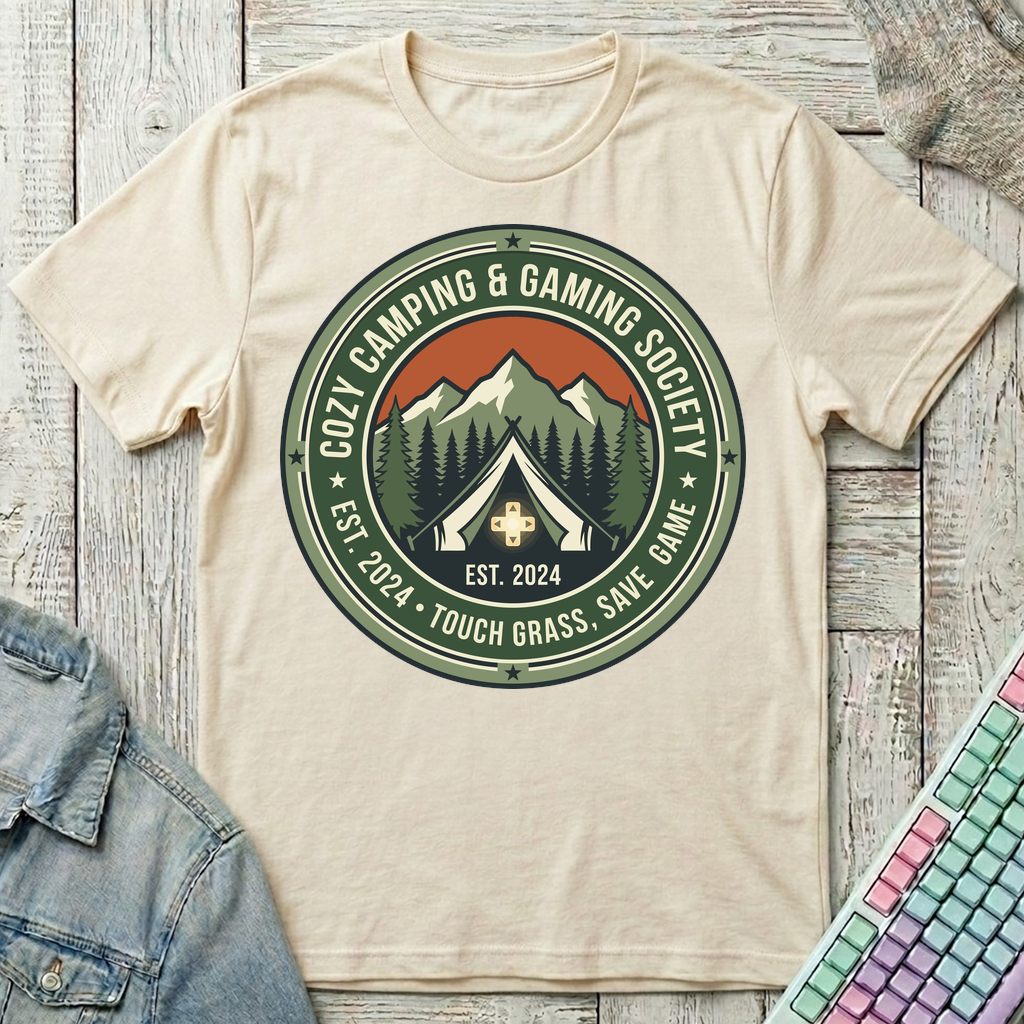 Cozy Camping & Gaming Society T-Shirt - Cozy Camping & Gaming Society_natural
