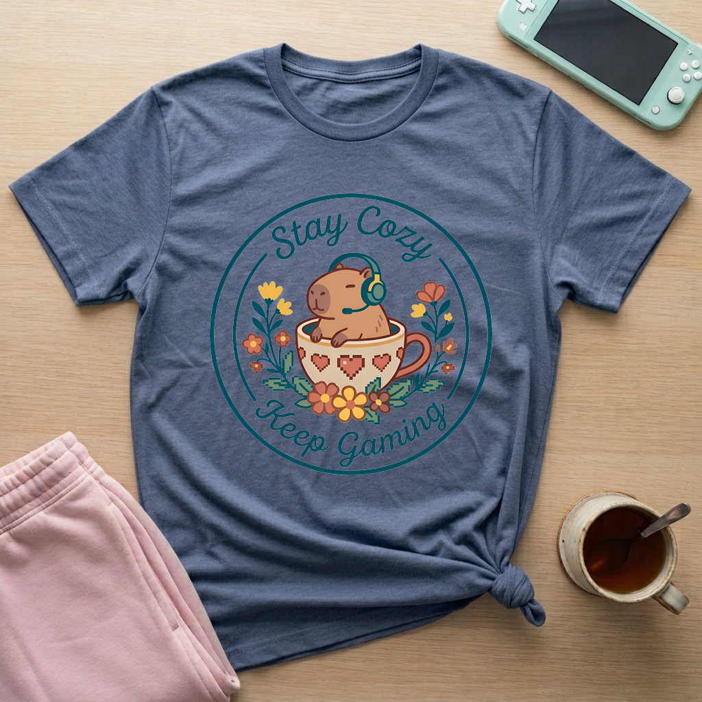 Cozy Capybara Gamer T-Shirt - Cozy Capybara Gamer_heather_indigo