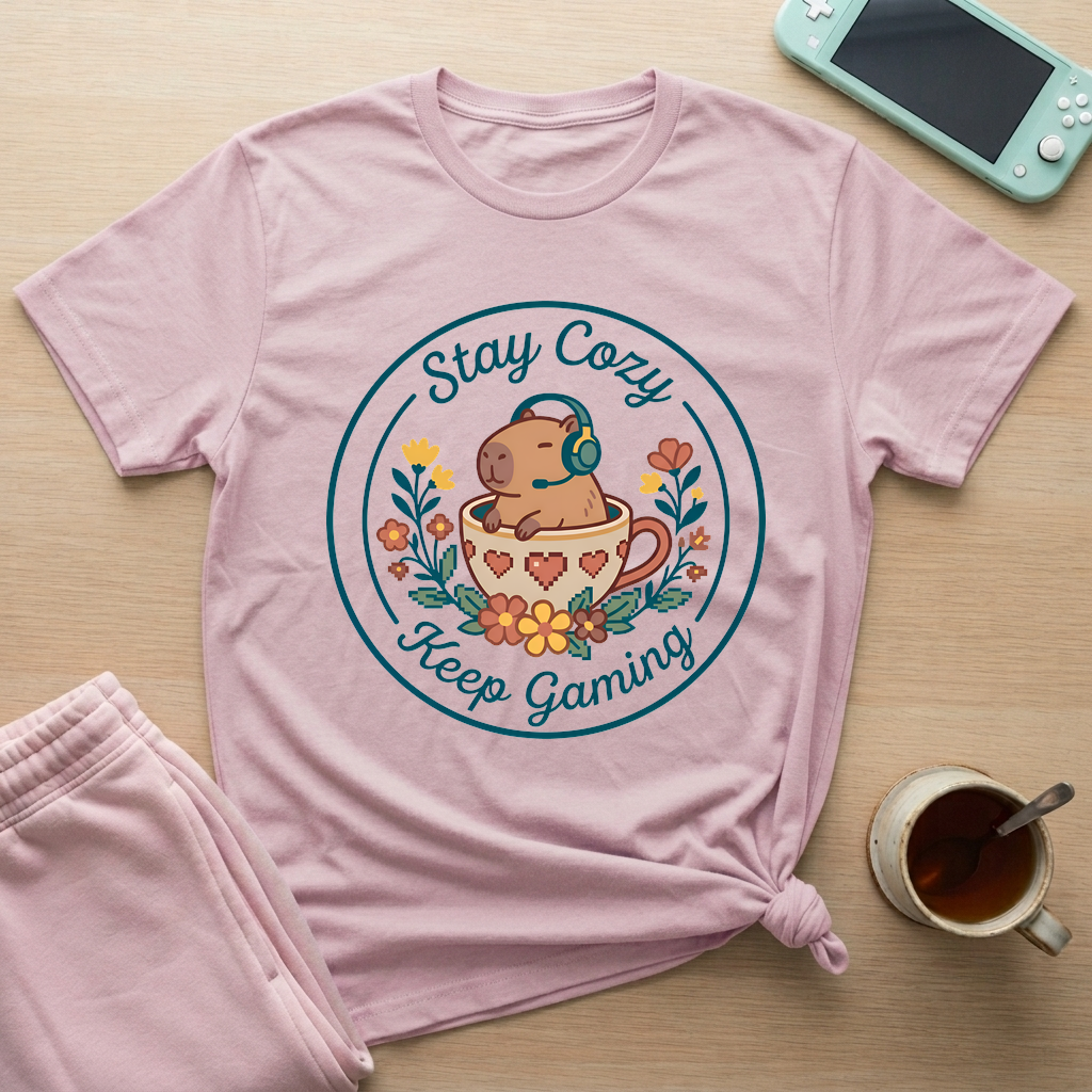 Cozy Capybara Gamer T-Shirt - Cozy Capybara Gamer_light_pink