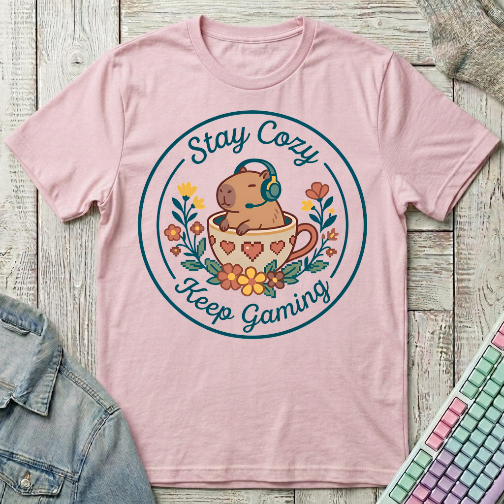 Cozy Capybara Gamer T-Shirt - Cozy Capybara Gamer_light_pink