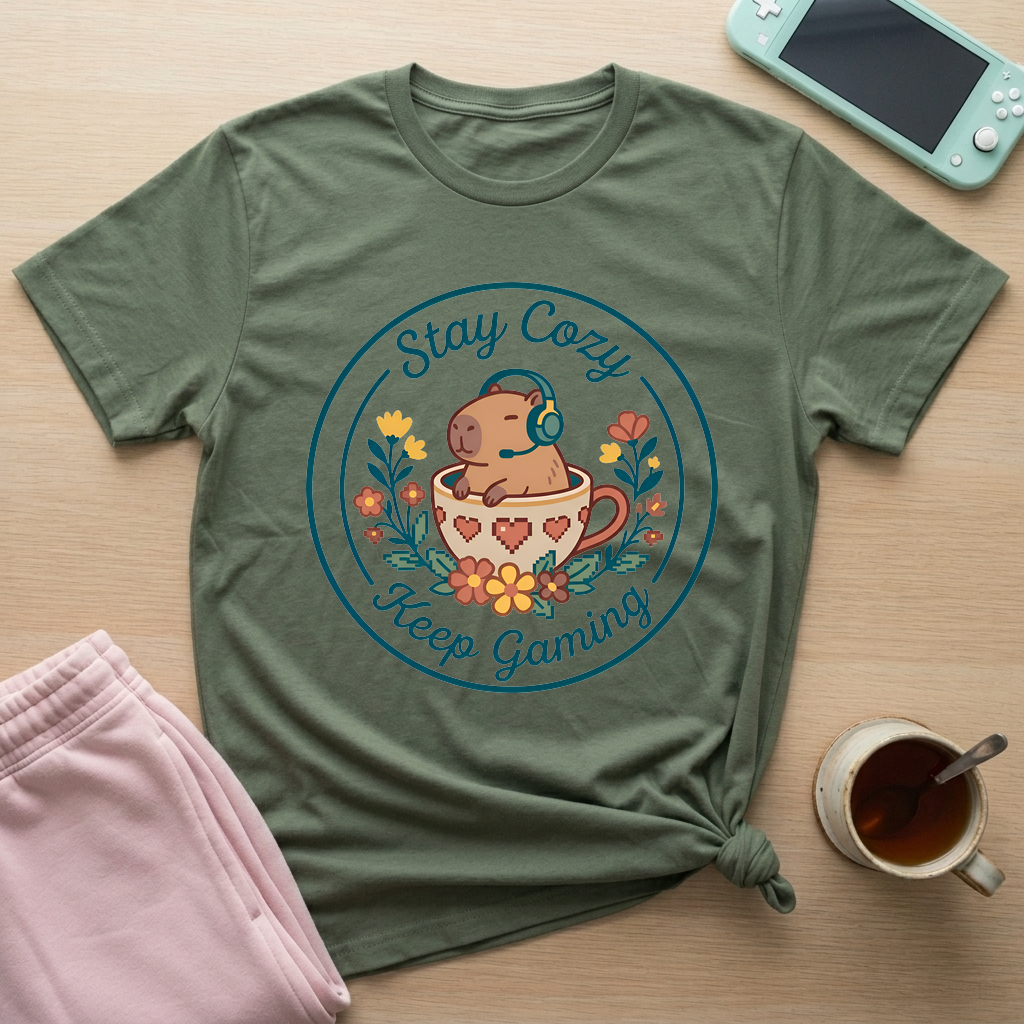 Cozy Capybara Gamer T-Shirt - Cozy Capybara Gamer_military_green