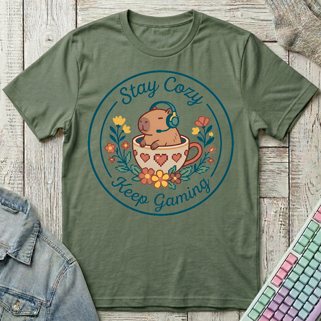Cozy Capybara Gamer T-Shirt - Cozy Capybara Gamer_military_green