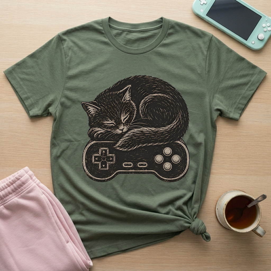 Cozy Cat Gamer T-Shirt - Cozy Cat Gamer_military_green