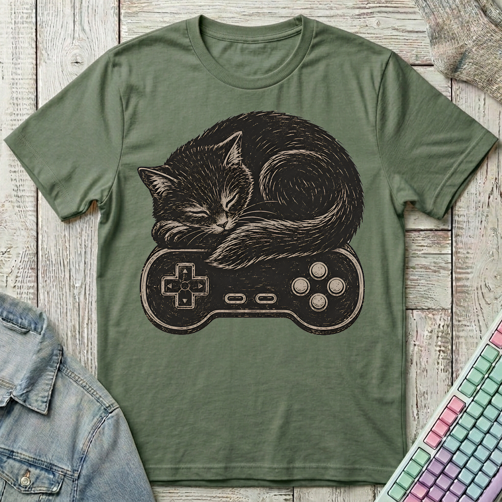 Cozy Cat Gamer T-Shirt - Cozy Cat Gamer_military_green