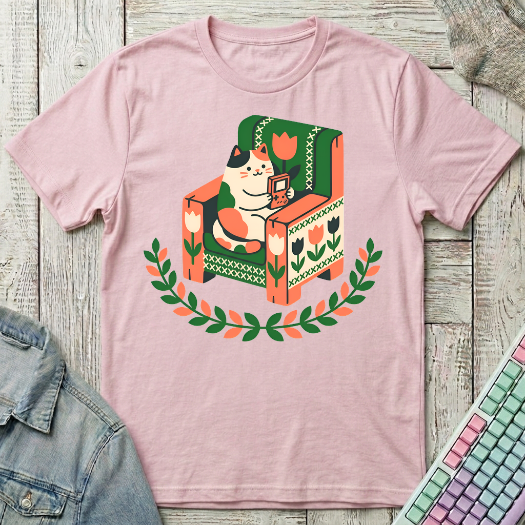 Cozy Gamer Cat T-Shirt - Cozy Gamer Cat_light_pink