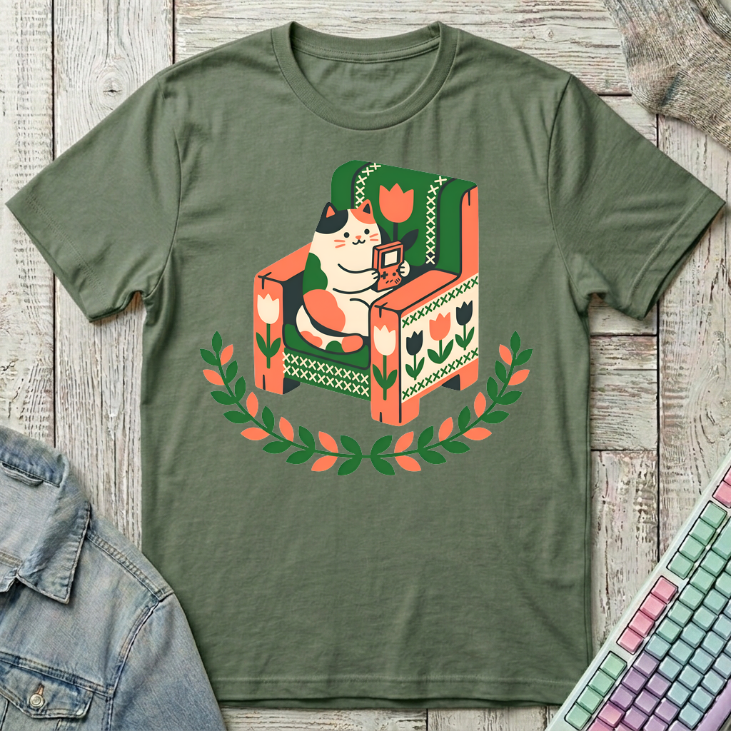 Cozy Gamer Cat T-Shirt - Cozy Gamer Cat_military_green