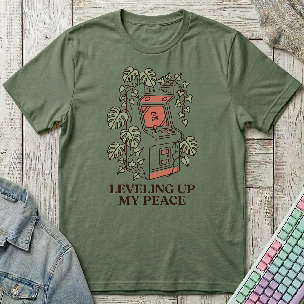 Leveling Up My Peace – Retro Arcade T-Shirt - Leveling Up My Peace – Retro Arcade_military_green