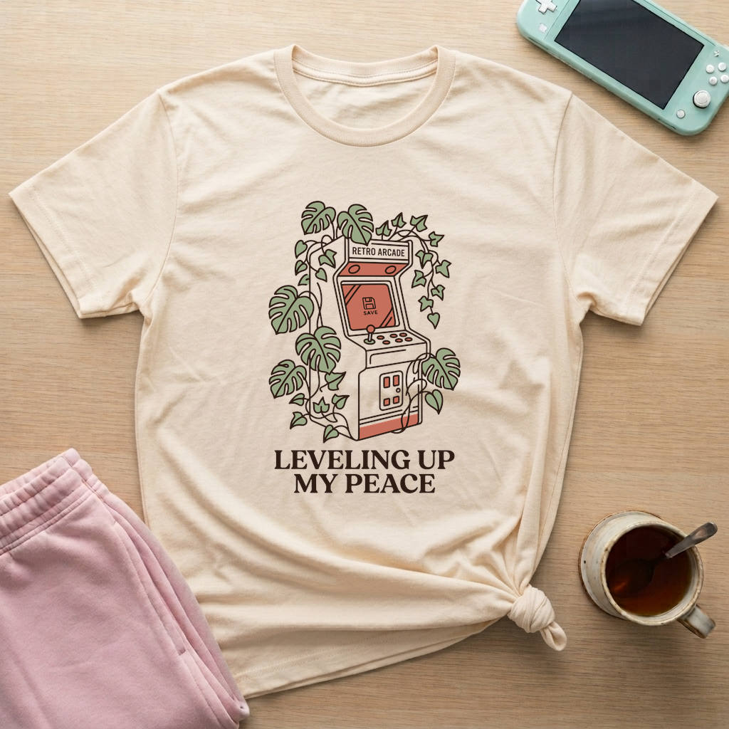 Leveling Up My Peace – Retro Arcade T-Shirt - Leveling Up My Peace – Retro Arcade_natural
